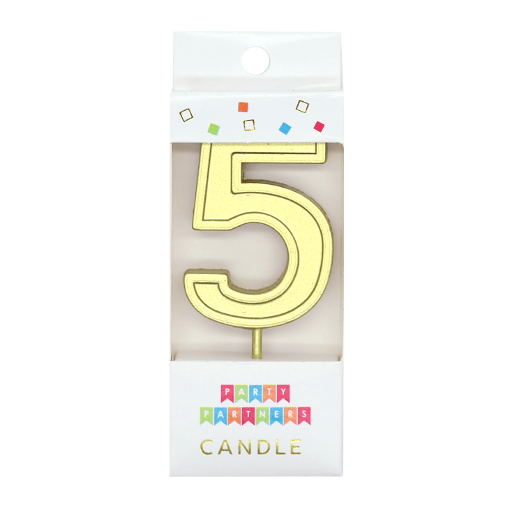 Gold number 5 candle from Party Partners, decorative candle for celebrations, with a shiny gold finish and numeral design.